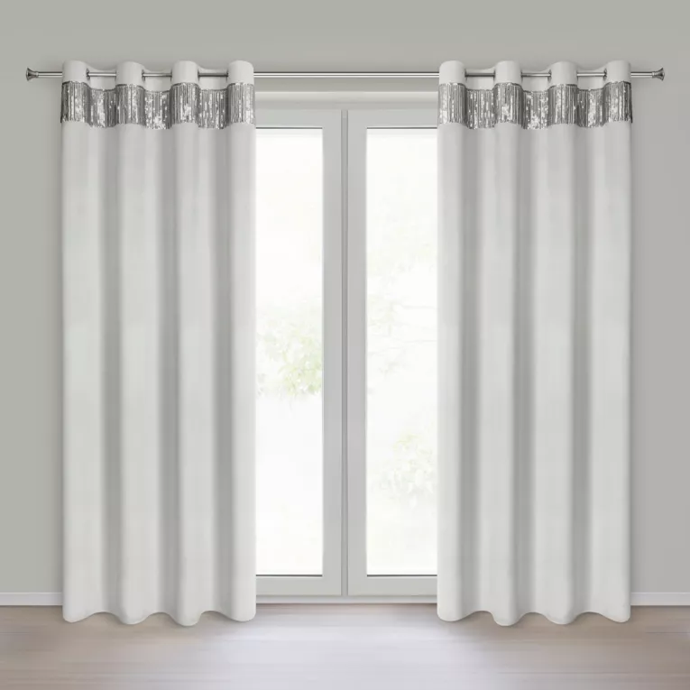 Zasłona biało, srebrna z welwetu zdobiona cekinami 140x250 cm przelotka JASPER Eurofirany