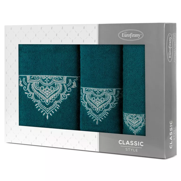 Zestaw ręczników bawełnianych 3 szt kolor ciemno turkusowy, srebrny z haftem 400 g/m2 LAURA Eurofirany