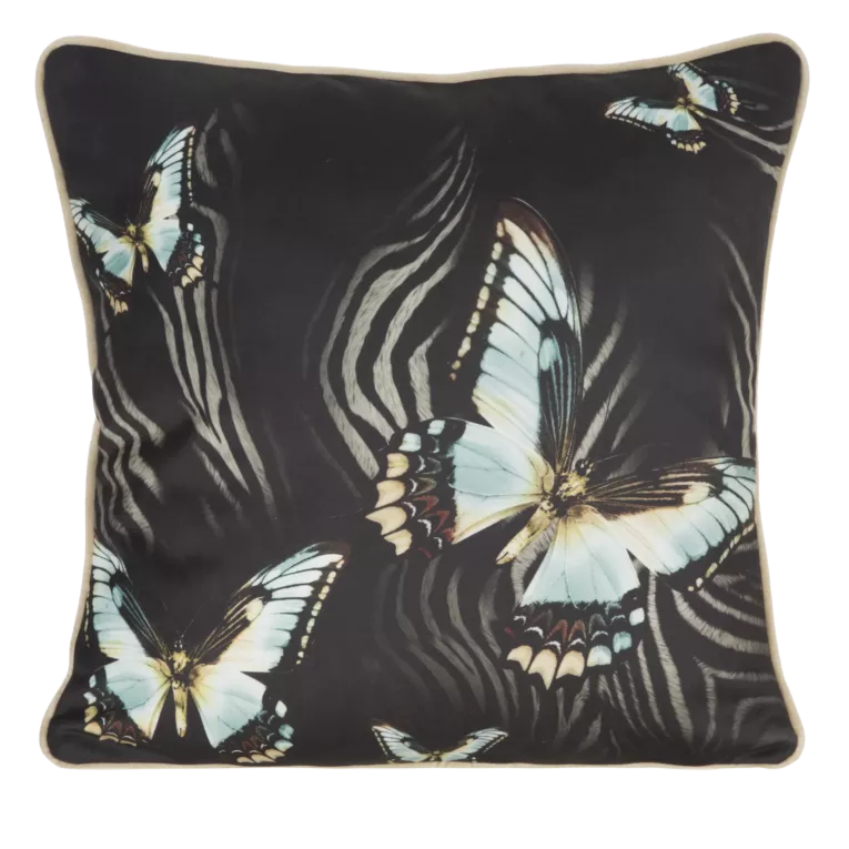 Poszewka na poduszkę 45x45 cm welwetowa z nadrukiem motyli i wypustką na brzegach czarno, miętowa EVA 15 B EVA MINGE Eurofirany
