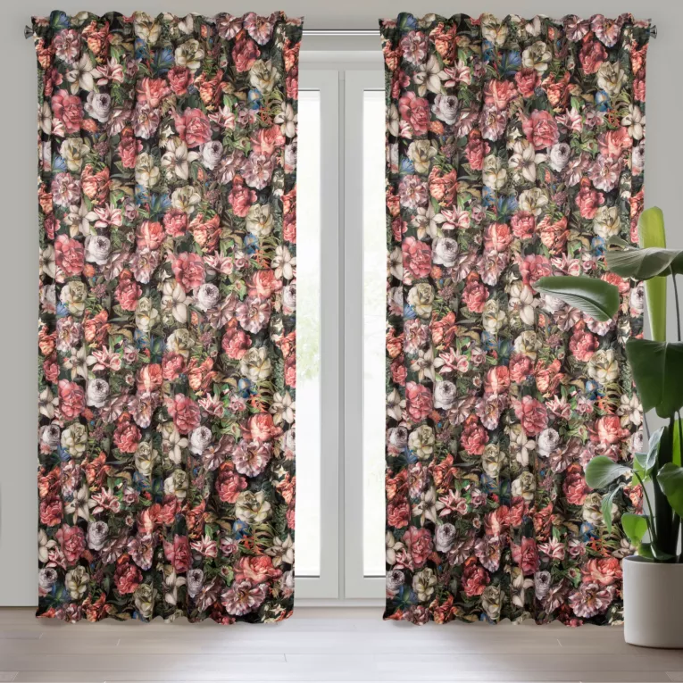 Zasłona bordowo, zielona ze wzorem kwiatowym z welwetu 140x270 cm taśma/szelki PEONIA Eurofirany