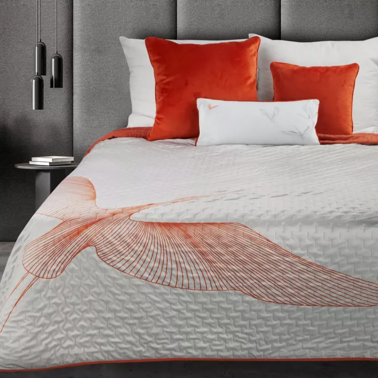 Narzuta welwetowa naturalno, pomarańczowa 220x240 cm z nadrukiem żurawii pikowana metodą hot press LEA EUROFIRANY PREMIUM Eurofirany