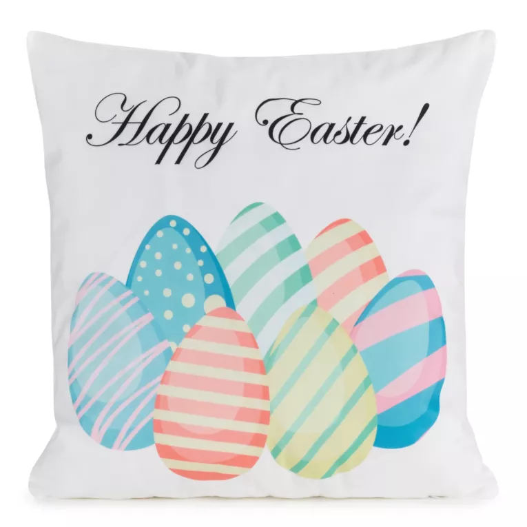Poszewka na poduszkę 45x45 cm z weluru zdobiona nadrukiem pastelowych pisanek biało, niebieska WIOSNA 3 Eurofirany