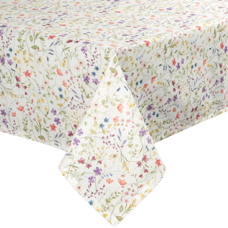 Obrus na stół plamoodporny 140x220 cm biało, fioletowy z motywem drobnych kwiatów - ANNA Eurofirany