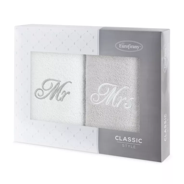 Zestaw ręczników bawełnianych 2 szt 50x90 cm z haftem MR&MRS kolor biały, popielaty 400 g/m2 Eurofirany