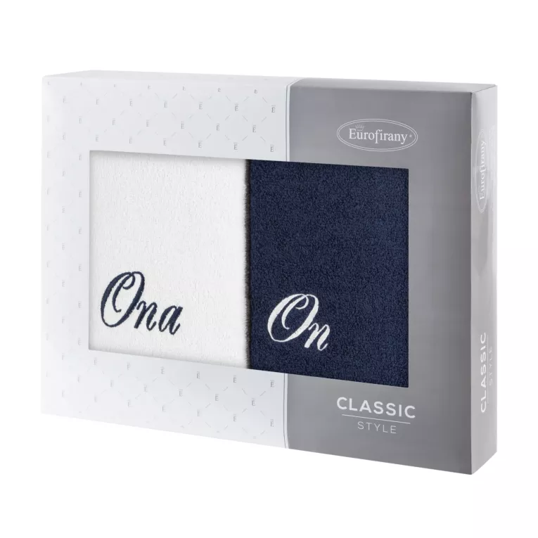 Zestaw ręczników bawełnianych 2 szt 70x140 cm z haftem ONA I ON kolor biały,granatowy 400 g/m2 Eurofirany