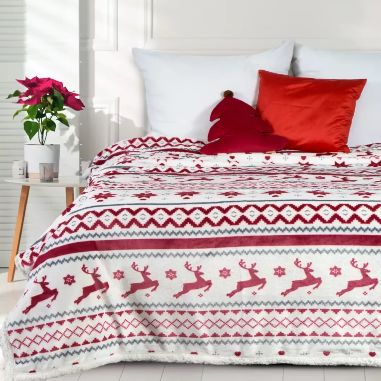 Koc  150x200 cm biało, czerwony z motywem skandynawskim Eurofirany