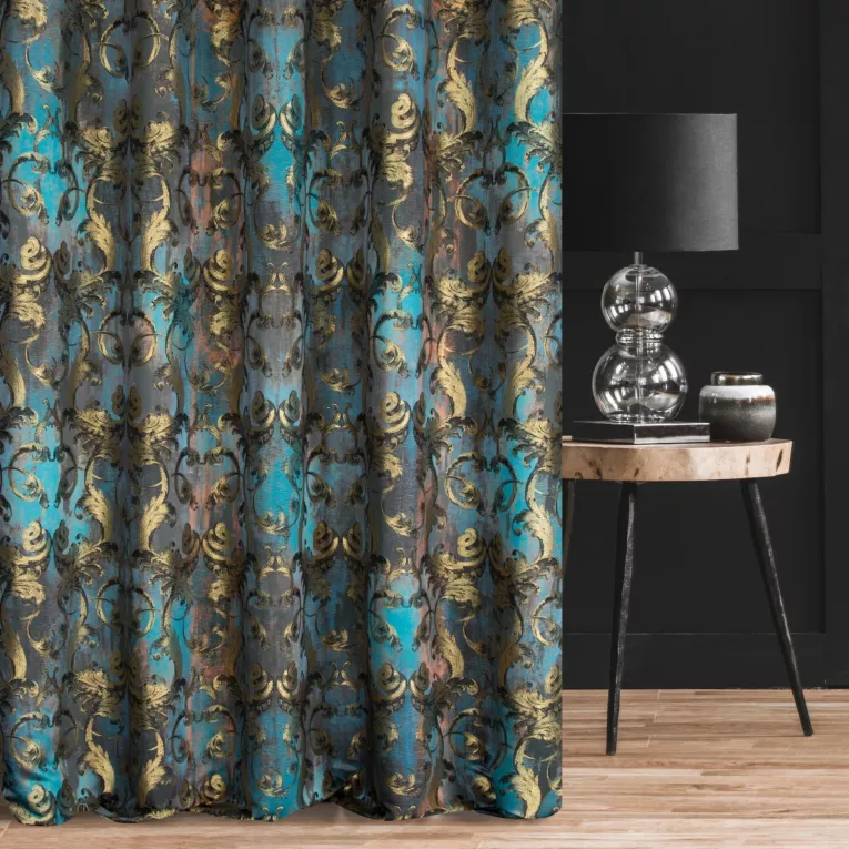 Zasłona szyta na taśmie 5 cm ciemnoturkusowo złota z ekskluzywnej tkaniny z dużym ornamentowym wzorem Italissima Eva Minge
