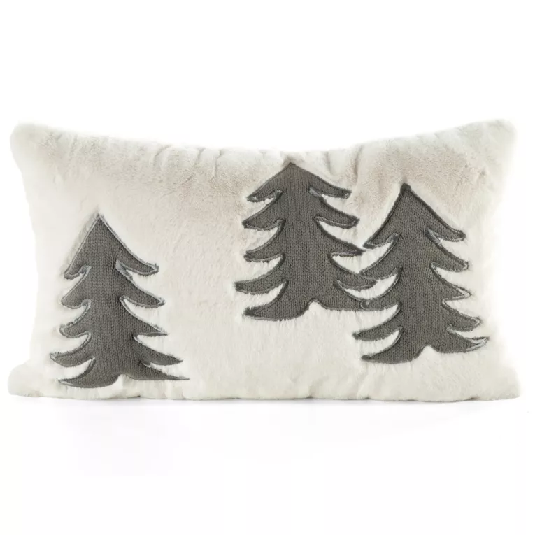 Poszewka na poduszkę 30x50 cm świąteczna z futerka zdobiona aplikacją w choinki kremowo, zielona FELIKS3 Eurofirany