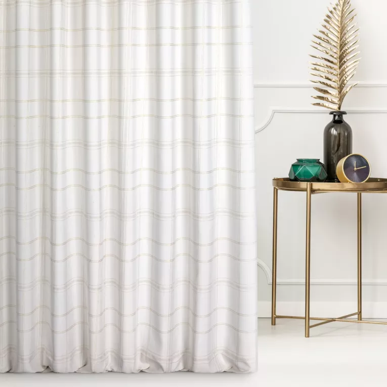 Zasłona szyta na taśmie fala kremowo złota z gładkiej tkaniny przeplatanej błyszczącą lureksową nicią