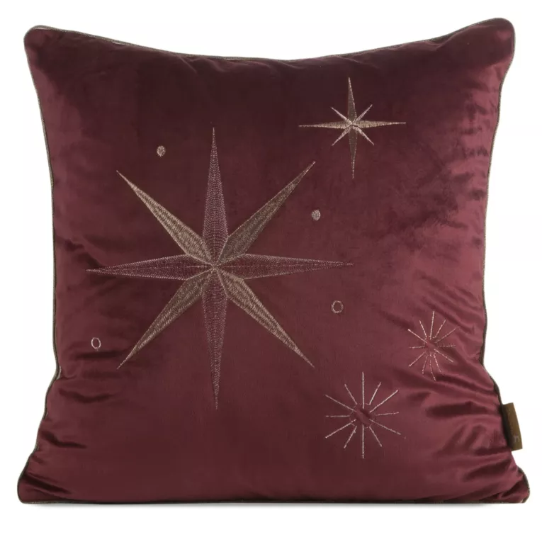 Poszewka na poduszkę świąteczna 45x45 cm welwetowa bordowo, szampańska zdobiona haftem z motywem gwiazd Eurofirany