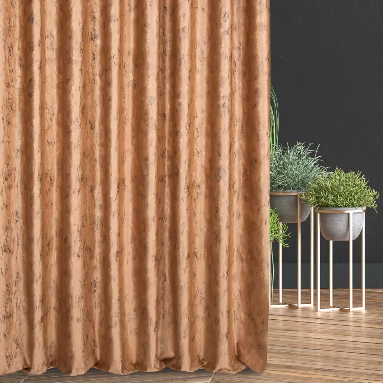 Zasłona szyta na flexach miodowo złocista z tkaniny welwetowej ze złotym marmurkowym nadrukiem