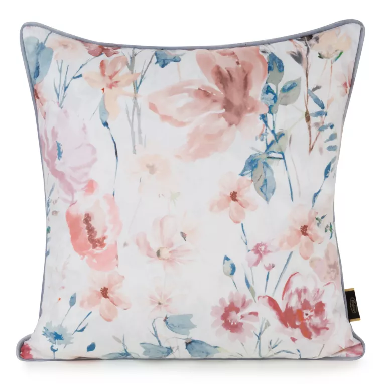 Poszewka na poduszkę 45x45 cm welwetowa z nadrukiem pastelowych kwiatów i ozdobną kontrastującą wypustką biało, pomarańczowa VELVET 148 EUROFIRANY PREMIUM