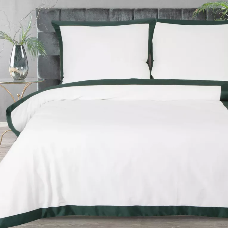 Pościel 160x200 cm bawełniana z makosatyny kolor biały, ciemnozielony z kontrastującą kantą Reina Line Eurofirany