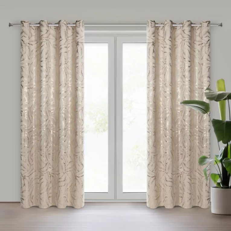 Zasłona beżowo szampańska zdobiona nadrukiem liści 140x250 cm złota przelotka - MILENA Eurofirany