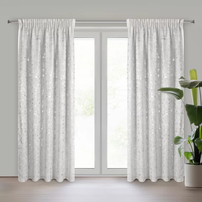 Zasłona naturalna z błyszczącym srebrzystym nadrukiem z dodatkiem lnu 140x270 cm taśma INES Eurofirany