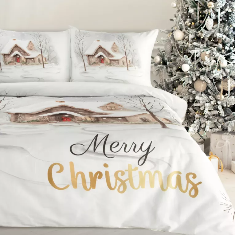 Pościel świąteczna 160x200 cm z satyny bawełnianej, kolor biały jasnobrązowy z nadrukiem świątecznym JOYFULL  Eurofirany