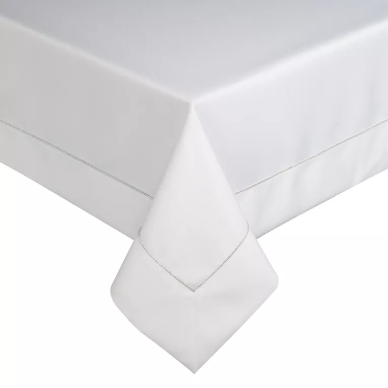 Obrus biały 145x350 cm KARIN z ozdobną listwą oraz srebrną wypustką w eleganckim opakowaniu