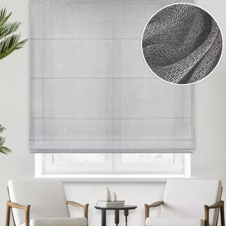 Roleta rzymska srebrna z eleganckiej siatki w stylu glamour z połyskliwą nicią, wykończona obciążnikiem Italissima Eva Minge