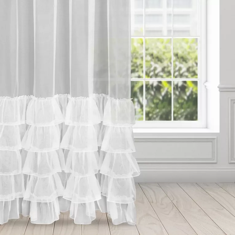 Firana biała z lśniącej organtyna peru z pięcioma falbanami 300x270 cm taśma CHARLOTTE 5 Eurofirany