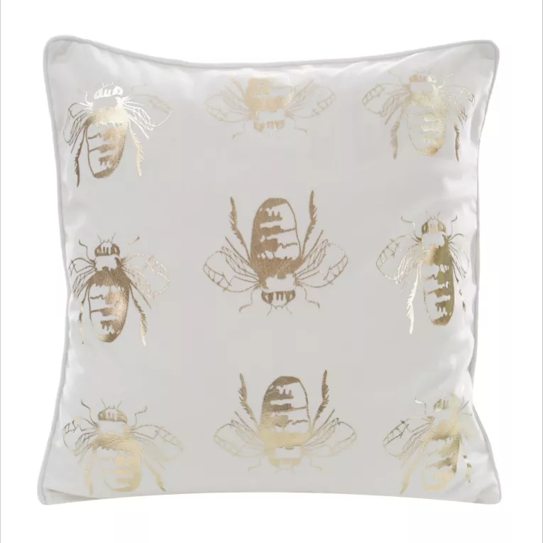 Poszewka na poduszkę 45x45 cm welwetowa z symetrycznym nadrukiem pszczół biało, złocista BILNK Eurofirany