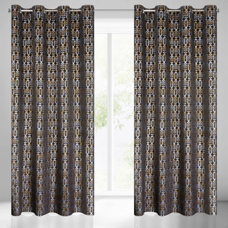 Zasłona czarno, złota ze złotym wzorem z welwetu 140x250 cm przelotka LAURA Eurofirany