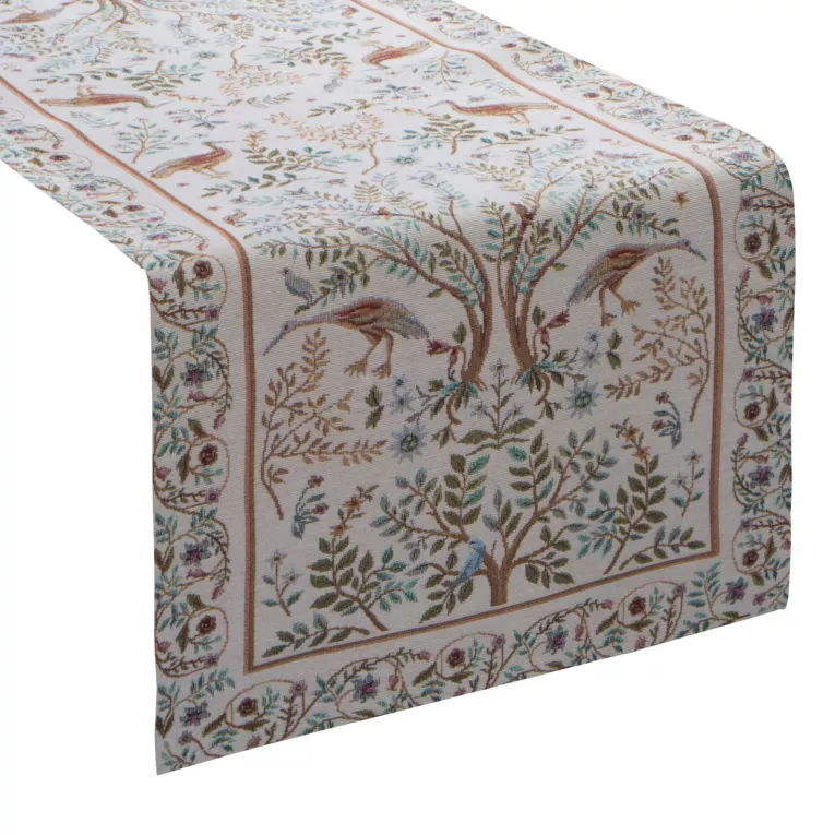 Bieżnik na stół naturalno, jasnobrązowy 40x100 cm gobelinowy zdobiony nadrukiem inspirowanym projektami Williama Morrisa