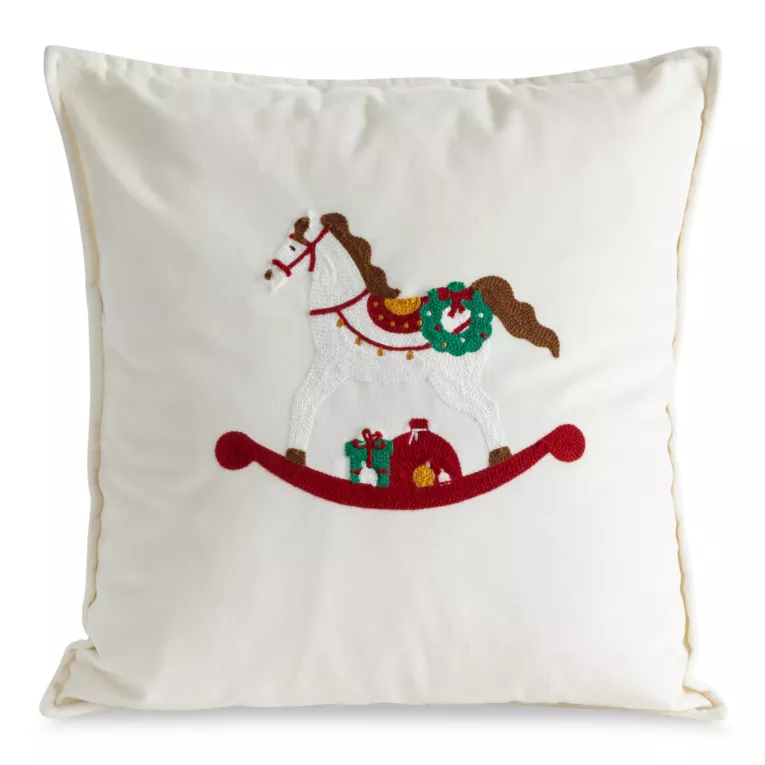 Poszewka na poduszkę 45x45 cm welwetowa z haftem z konikiem na biegunach biała Eurofirany