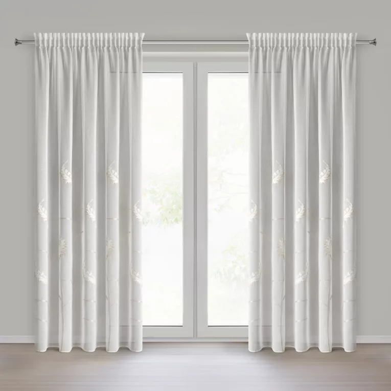 Firana kremowa z matowej etaminy zdobiona haftem 140x270 cm taśma  - AURELIA - Eurofirany