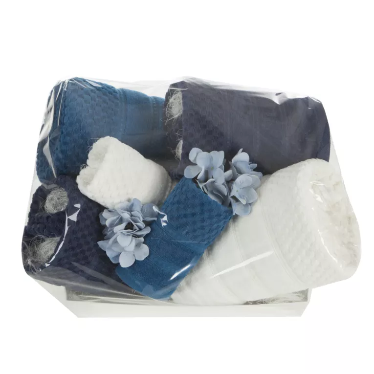 Zestaw ręczników bawełnianych na prezent 2 szt 30x50 cm, 2 szt 50x90 cm, 2 szt 70x140 cm kolor ciemnoniebieski, grantowy z ryżową bordiurą Eurofirany