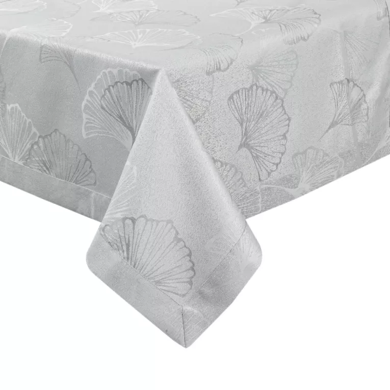 Obrus szary 140x300 cm  DIANA zdobiony żakardowym wzorem liści miłorzębu i ozdobna kantą