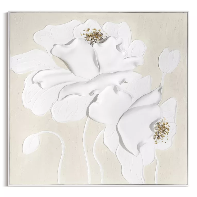 Obraz w trójwymiarowe kwiaty kremowo, beżowy ręcznie malowany na płótnie oprawiony w ramę 102x102 cm Eurofirany