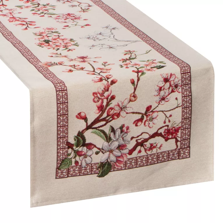 Bieżnik na stół naturalno, różowy 45x140 cm gobelinowy zdobiony motywem inspirowanym japońskim kwiatem wiśni