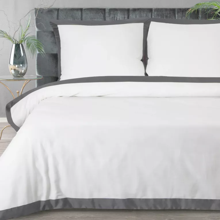 Pościel 220x200 cm z satyny bawełnianej kolor biały, popielaty z kontrastującą kantą LAURA Eurofirany