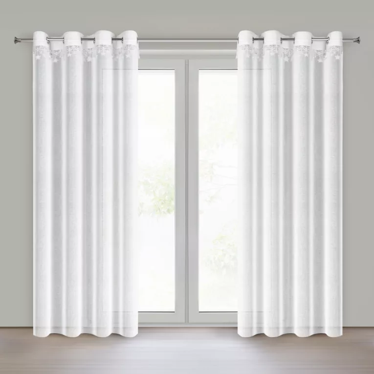 Firana świąteczna biała z etaminy zdobiona aplikacją z motywem gwiazdek 140x250 cm przelotki - XMAS Eurofirany