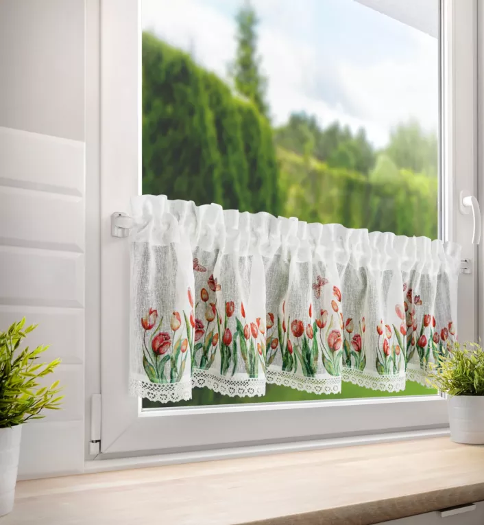 Zazdrostka biało, czerwona z etaminy zdobiona nadrukiem czerwonych tulipanów i koronką 150x30 cm tunel STELLA  Eurofirany