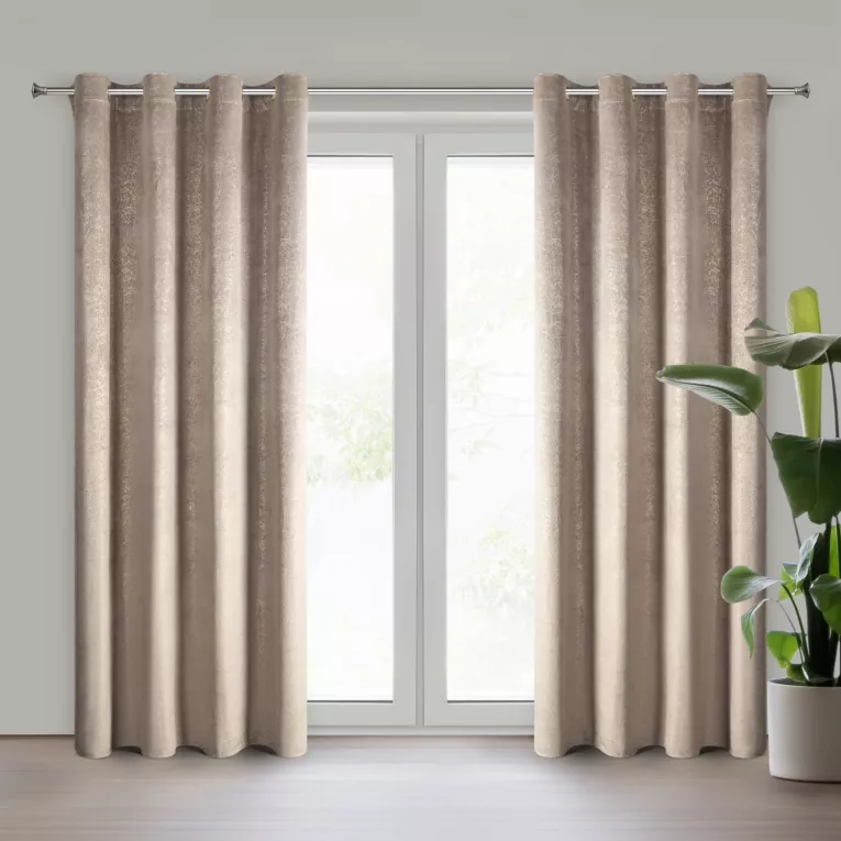 Zasłona brązowo, złota z welwetu zdobiona nakrapianym nadrukiem 135x250 cm przelotki - BETHY Eurofirany