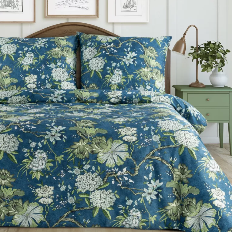 Pościel 160x200 cm z satyny bawełnianej kolor niebieski, jasno miętowy z motywem kwiatów SPRING 68 Eurofirany