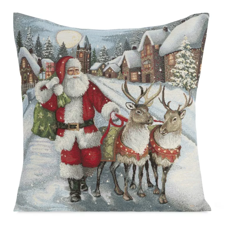 Poszewka na poduszkę 45x45 cm bawełniana, gobelinowa z mieszanki włókien zdobiona nadrukiem Mikołaja popielato, czerwona GOB Eurofirany