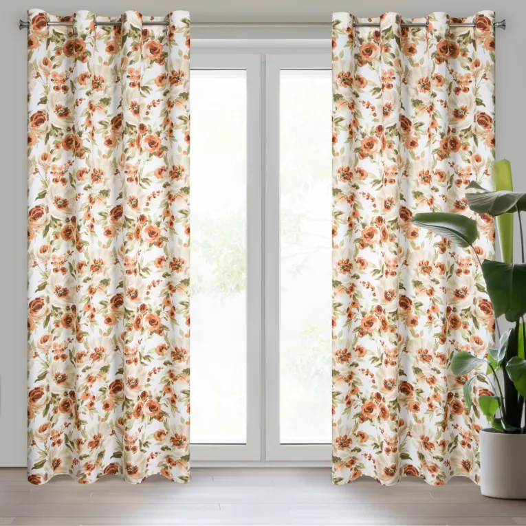 Zasłona biało, ruda z motywem kwiatów 140x250 cm przelotka MILA Eurofirany