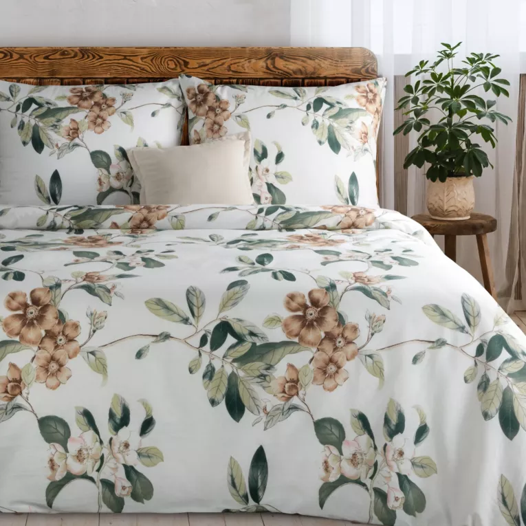 Pościel 140x200 cm komplet 2 częściowy kolor biały, jasnobrązowy z motywem kwiatów NIKOLA Eurofirany