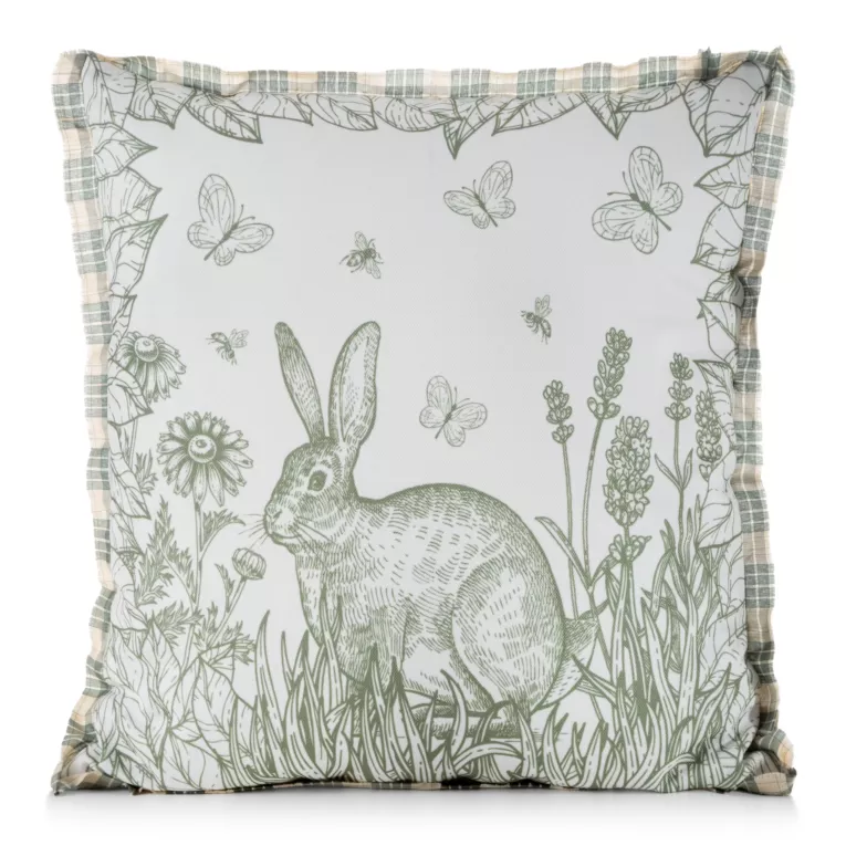 Poszewka na poduszkę 45x45 cm o strukturze lnu zdobiona nadrukiem zajączka kremowo, zielona WIOSNA 60 Eurofirany