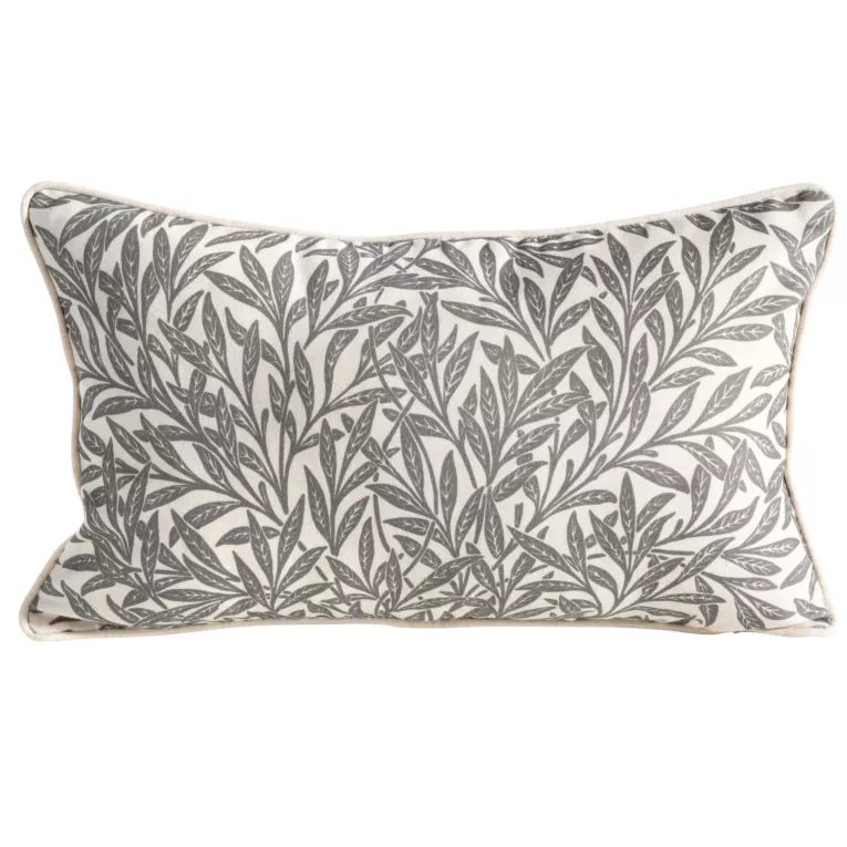 Poszewka na poduszkę 30x50 cm bawełniana z dodatkiem lnu zdobiona nadrukiem roślinnym stalowo, kremowa LEN Eurofirany