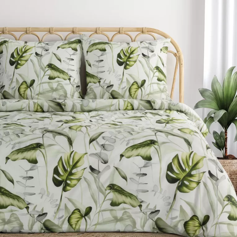 Pościel 160x200 cm bawełniana kolor biały, zielony z wzorem egzotycznych liści ELEN Eurofirany