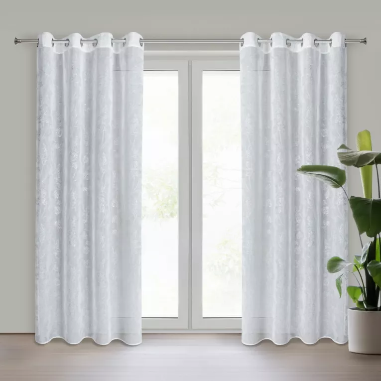 Dekoracja okienna biało, srebrzysta z etaminy zdobiona błyszczącym nadrukiem roślinnym 140x250 cm przelotka JUNI Eurofirany