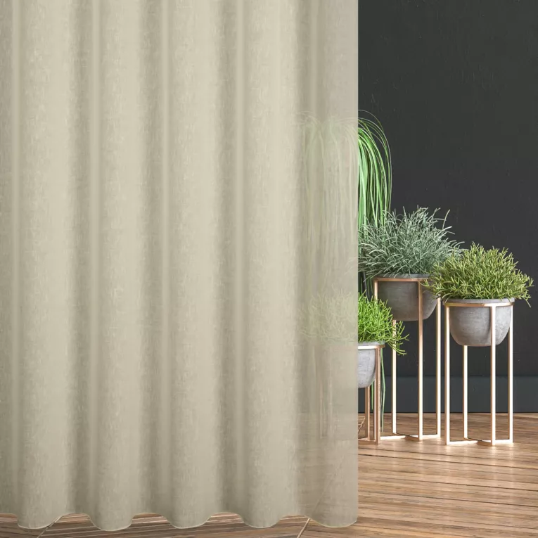 Firana szyta na taśmie 5 cm kremowa z delikatnej w dotyku etaminy w stylu eko z efektem kreszowania, wykończona obciążnikiem