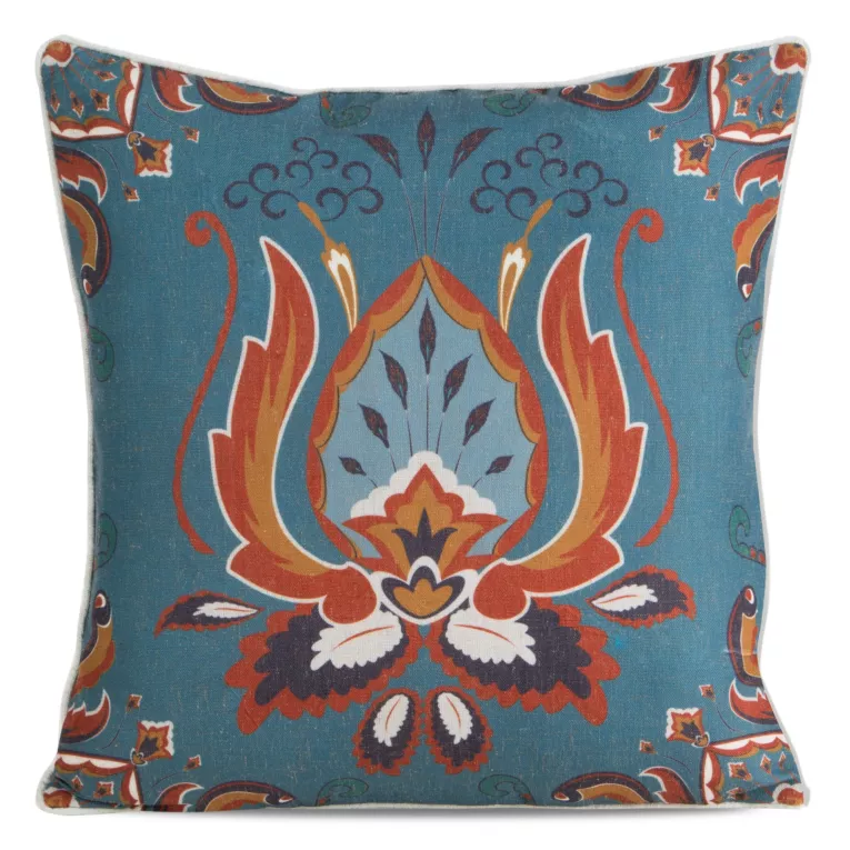 Poszewka na poduszkę 45x45 cm bawełniana z dodatkiem lnu z nadrukiem ornamentu turkusowo, pomarańczowa LEN Eurofirany