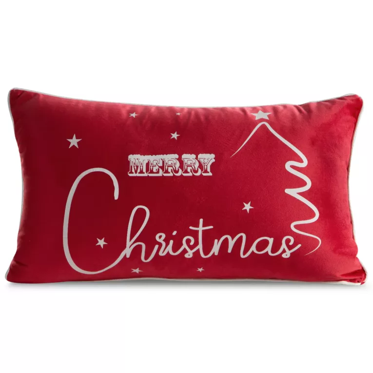 Poszewka na poduszkę 30x50 cm welwetowa zdobiona nadrukiem świątecznym czerwono, biała RUBI Eurofirany