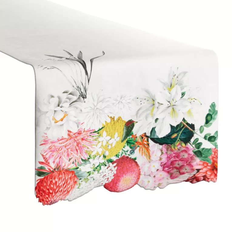 Bieżnik na stół naturalno, czerwony 40x140 cm SUMMER 3 z nadrukowanym motywem kwitnących kwiatów