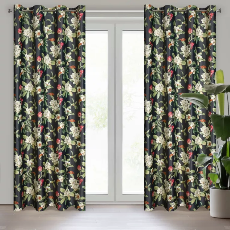 Zasłona czarno, oliwkowa w kwiaty z tkaniny welwetowej 140x250 cm przelotka ALEA Eurofirany