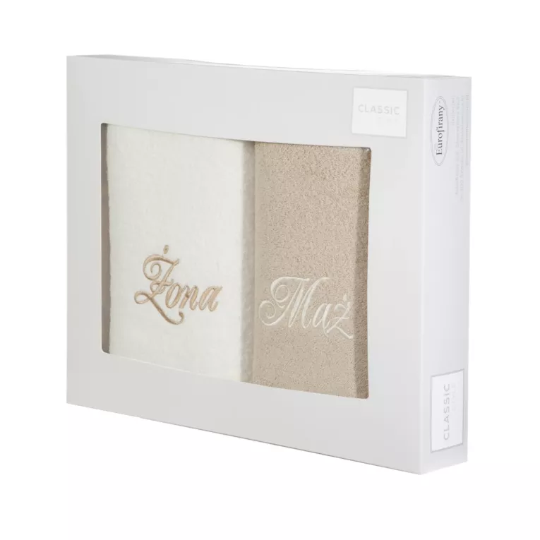 Zestaw ręczników bawełnianych 2 szt 50x90 cm z haftem Żona i Mąż kolor kremowy,beżowy 400 g/m2 Eurofirany